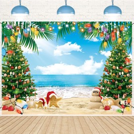 July Christmas Backdrop 8x6FT Summer Beach Christmas Tree Decoration Photography Background Tropical Hawaiian Party Supplies Photo Props