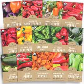 Organic Pepper Seeds (Sweet and Hot) Variety Pack - 14 Individual Packs - 2025 Season - Cayenne, Orange Habanero, Shishito and More! for Indoor & Outdoor Planting (Non-GMO, Certified Organic)