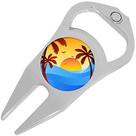 NewCharms Sunset Over Waves Palm Trees Golf Ball Marker Divot Repair Tool Bottle Opener