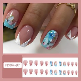 French Tip Press on Nails Medium Square Fake Nails Butterfly Stick on Nails Gradient False Nails Flower＆star Glue on Nails Glossy Artificial Nails Full Cover Acrylic Nails Kit for Women Girl 24Pcs