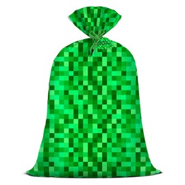 Jumbo Large Plastic Gift Bag Green Pixel Party Favor Bags for Boys 56''x36'' Video Game Kids Birthday Decorations Miner Theme Party Supplies