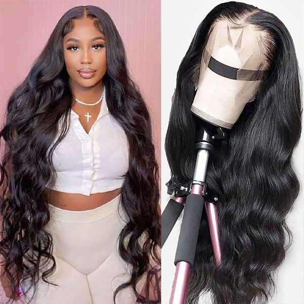 13x4 Body Wave Lace Front Wigs Human Hair Pre Plucked 180 Density HD Transparent Lace Frontal Wigs Human Hair Body Wave with Baby Hair Glueless Human Hair Wigs for Black Women Natural Color 24 inch