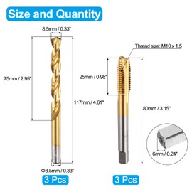 sourcing map Tap and Drill Bit Set, 3pcs M10 x 1.5 Metric Spiral Point Thread Screw Taps & 3pcs 8.5mm Twist Drill Bits, Titanium Coated HSS-6542 Tapping Threading Tool Kit