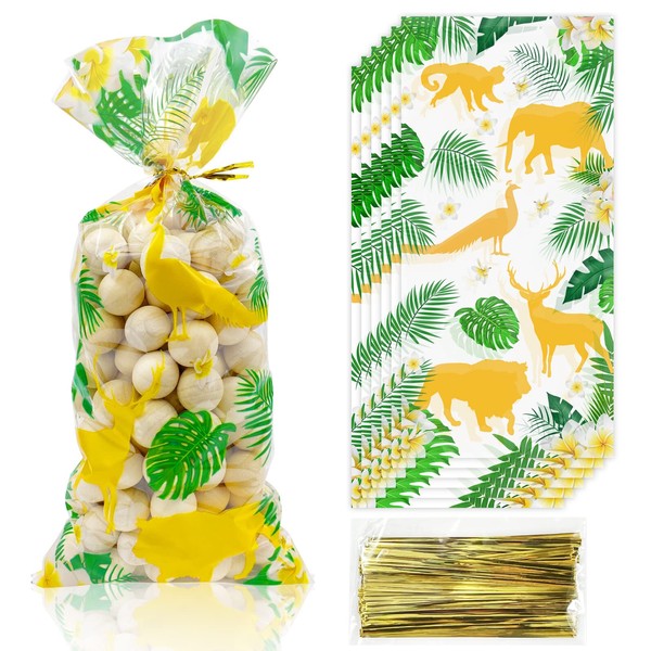 100 Pieces Hawaiian Cellophane Treat Bags, Jungle Animal Cellophane Bags Green Gold Safari Animal Palm Leaves Plastic Candy Goodie Bags with 100 Gold Twist Ties for Teens Kids Birthday Party Supplies