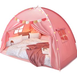 Razee Full Size Bed Canopy for Kids, Girls Bed Tent Dream Privacy Sleeping Tents Indoor, Toddler Under Bunk Bed Pink Tent with Pennant Banners