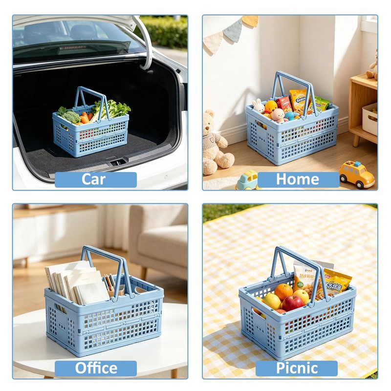 Carperipher Plastic Storage Basket,15L Collapsible Milk Crate with Handle,Foldable Shopping