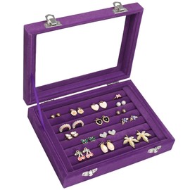 Vicoter Rings Organizer Tray 7 Slots Velvet Jewelry Earring Storage Box with Transparent lid Jewelry Display Case for Girls Wife Mom Women (Purple)