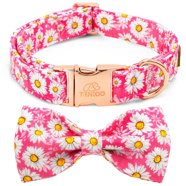Tunkoo Pink Daisy Dog Collar with Cute Flower Bow Tie,