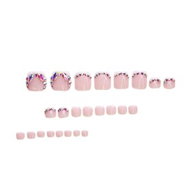 French Tip Press on Toenails Short Square Fake Toe Nails Designs Silver Rhinestones Pink Glossy Toes False Nails Full Cover Glue on Reusable Sparkly Acrylic Toe Nails for Women 24 Pcs