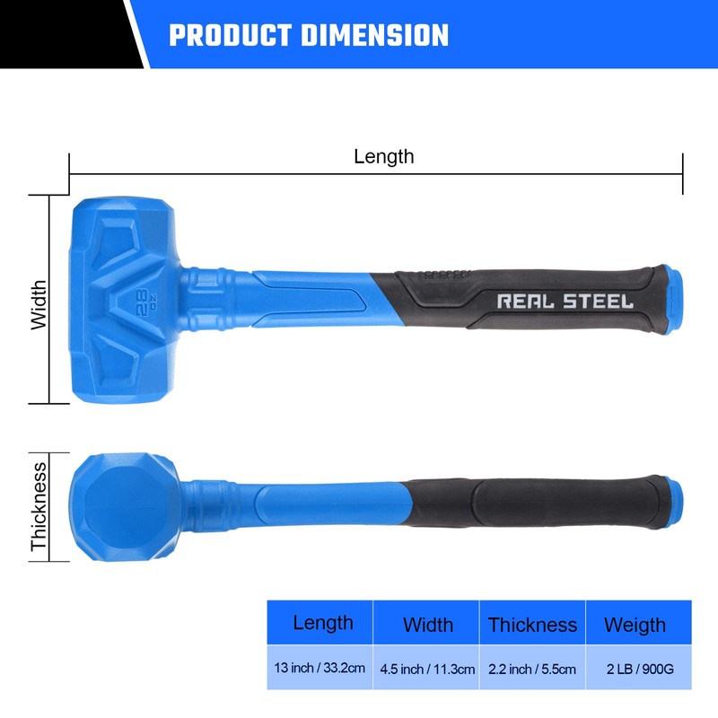 REAL STEEL Dead Blow Hammer 28 Oz Rubber Mallet Non-Marring