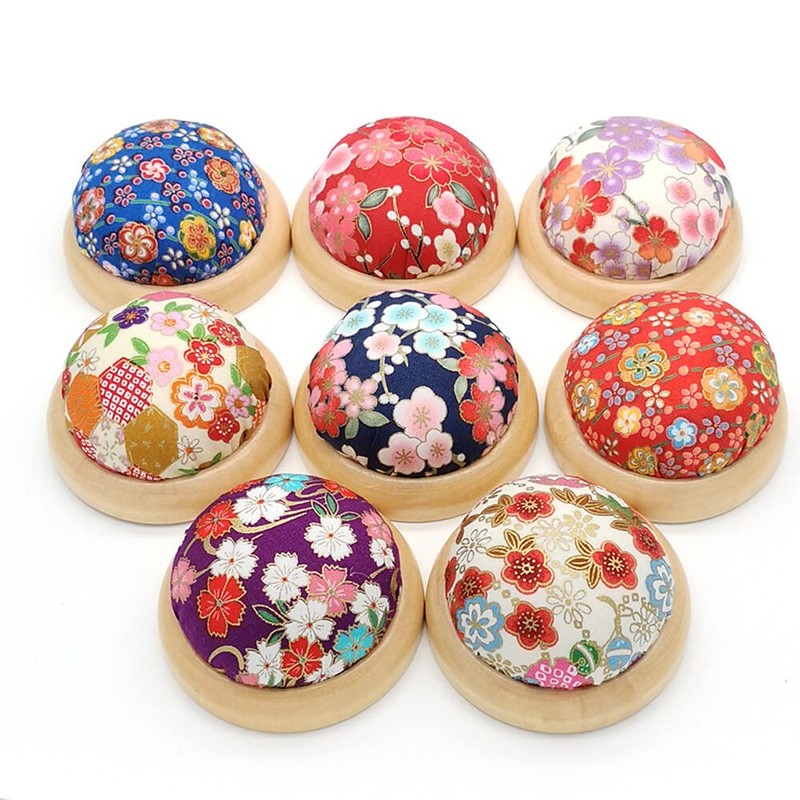 1Pcs Japanese Style Cherry Blossom Pin Cushion, Round Wooden Base