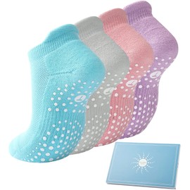Pilates Socks for Women, Cushioned Ankle Non Slip Socks for Yoga, Hospital, Barre, Sports Home Slipper Socks 4 Pairs Multicolor Size 6-8