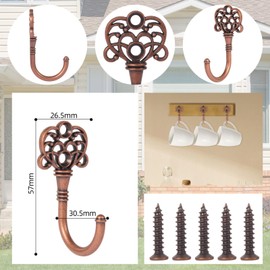XHIPY 20 PCS Vintage Metal Wall Hooks, Bohemian Wall Hooks, Decorative Wall Hooks with Screws for Hanging Coffee Cups, Clothes, Hats, Bags, Keys and Room Decorations（Red Copper）