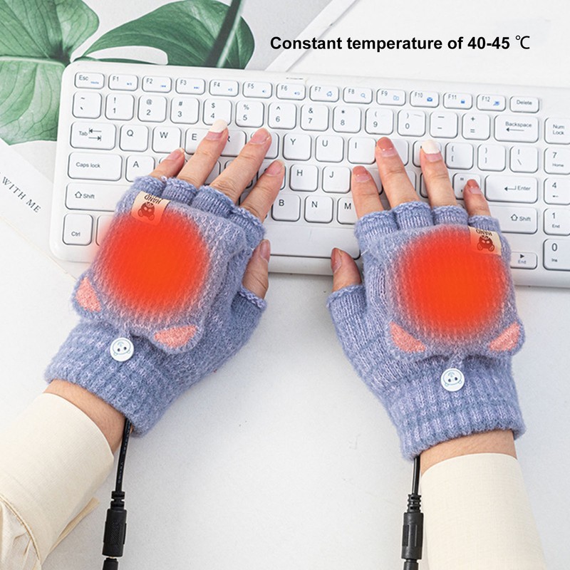 USB Heated Gloves Mitten Men Women Winter Knitted Fingerless Hand