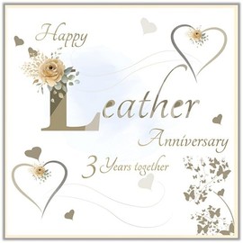 Leather Anniversary Card - 3rd - 3 Years - Special Finishes and Embellishments - Floral and Love Heart Design - Made in the UK - Eco-Friendly