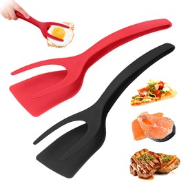 Egg Flipper Spatula 2 PCS 2 in 1 Grip and Flip Spatula Tongs Spatulas for Kitchen use Eggflipper Spatulaflipper Eggturner Pancake Fish French Toast Omelet Making for Home Cooking Tool (black and red)