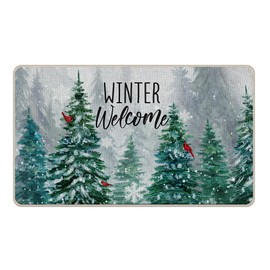 Stology Winter Welcome Decorative Front Door Mat, Farmhouse Pine Tree Cardinal Red Bird Doormat Indoor Outdoor Non-Slip Floor Entryway Rug, Snowflake Forest Seasonal Home Kitchen Decoration 17x29 Inch