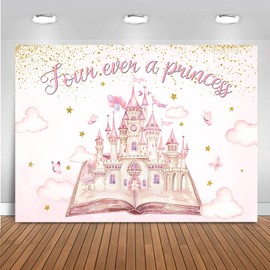 Mocsicka Four Ever a Princess Birthday Backdrop for Castle Party Girls 4th Birthday Decorations Pink Pastel Cloud Castle Party Decorations Photo Booth Props (7x5ft (82x60 inch))