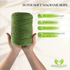 MeriWoolArt® Macrame Yarn Green - Macrame Yarn 4 mm Coloured 225 m - Super Soft Cotton Yarn, Simple Twisted Macrame Cord for Macrame Wall Hanging, Hanging Basket, Curtain and More DIY Deco