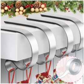 Esjay Christmas Stocking Holder for Fireplace, Set of 4 Stocking Hangers and a Nano Tape, Adjustable Non-Slip Stocking Hooks for Mantle(Sliver)