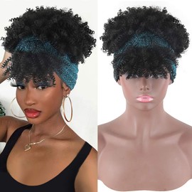 LEOSA Headband Wig for Black Women ,Wrap Wig 2 in 1 Afro Wig Curly Rlue Turban Headband Wigs with Bangs Short Kinky Curly Wig Wrap Wigs for Black Women Afro Curly Scarf Drawstring Wigs