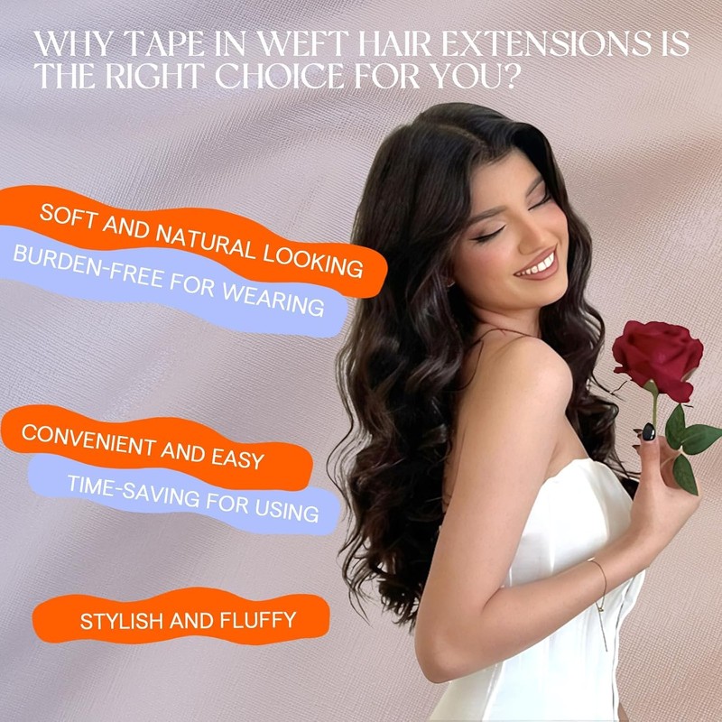 Tape in Weft Hair Extensions, Darkest Brown 18 Inch