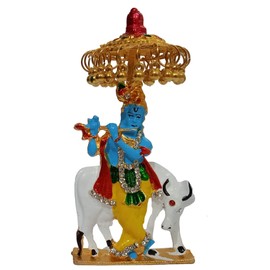 Purpledip Metal Idol Chhatra Krishna: Collectible Statue Of Divine Kamdhenu With Gopala Under Canopy (12453)