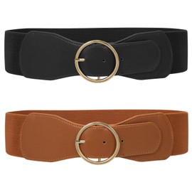 WERFORU Pack of 2 Elastic Waist Belt for Women Vintage Wide Belt for Dress Fashion Stretchy Cinch Belt, A-Black+Brown