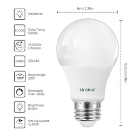 Linkind A19 LED Light Bulbs Dimmable, 60W Equivalent Light Bulbs, 9W, 5000K Daylight, 840 Lumens LED Bulbs, E26 Standard Base, 120V, Lighting for Bedroom Living Room Home Office, 6 Packs
