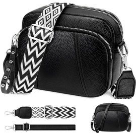 JUYANO Crossbody Bag Women's Wide Strap Leather Shoulder Bag Women's Small Shoulder Bags Fashion Small Shoulder Bag with 3 Zip Compartments 2 Removable Shoulder Straps