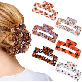 6 Pcs Hair Claw Clips for Women Square Hair Clips for Thick Thin Hair with Pumpkin/Spider/Ghost/Bat Pattern
