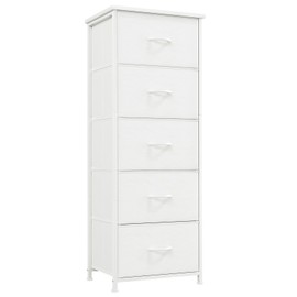 Somdot Tall Dresser for Bedroom with 5 Drawers, Storage Organizer Chest of Drawers with Removable Fabric Bins for Closet Bedside Living Room Laundry Entryway Hallway, White Leather