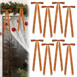 8 Pcs Large Velvet Christmas Bows 23.5x8.7 Inch Christmas Staircase Wreath Bows Rustic Crafts Gift Ribbon Bows Vintage Christmas Tree Topper Bows for Christmas Tree Indoor Outdoor Decoration, Khaki