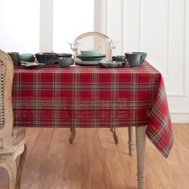 Solino Home Christmas Tablecloth 120" L x 60" W Inch – 100% Pure Linen Red Classic Tartan Plaid Tablecloth – Machine Washable Table Cover for Indoor, Outdoor