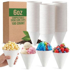 Roshtia 100% Biodegradable Ice Cream Cone Cups 6oz Compostable Sugarcane Disposable Snow Cone Cups 100 Ct Leak Proof Snow Maker Machine Accessories for Shaved Ice Slushies Water Cooler Dispenser