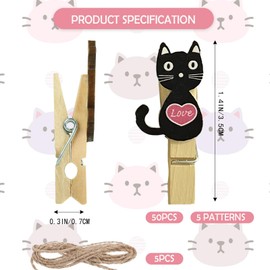 50 PCS Cat-Shaped Mini Wooden Clothespins with Jute Twine, Cute Photo Clips for Hanging Pictures, DIY Crafts, and Home Décor