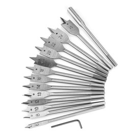 15pcs Carbon Steel Hex Shank Spade Drill Bit Set (6-25mm), Flat Wood Bits for Power Tools & Woodworking