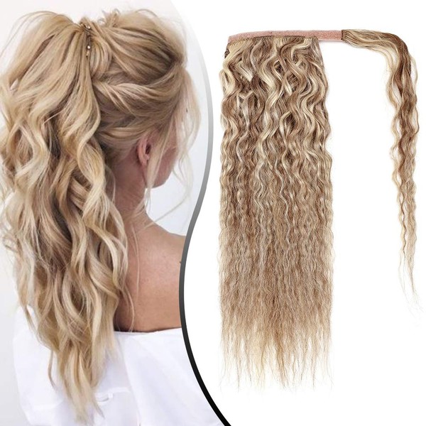 Elailite Real Hair Extensions Curly 35 cm 80 g Braid Ponytail Wrap On Human Hair 14 Inches #12/613 Golden Brown & Bleached Blonde