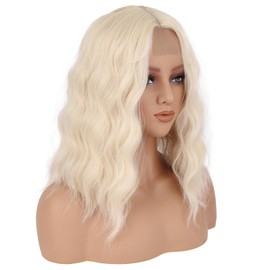 Blonde Wigs for Women 16 Inch Medium Length Curly Wavy Wig Middle Part Wigs with Adjustable Bands Synthetic Wigs Natural Wavy Heat Resistant Hair for Daily Party Use 16IN Blonde