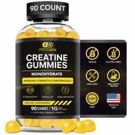 EFFECTIVE NUTRA Creatine Monohydrate Gummies | 1g Per Gummy | Vegan Creatine Gummies Supplement for Men & Women | Strength, Muscle Growth, Energy, Endurance | Natural Lemon Flavor, Made in USA (90ct)
