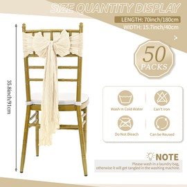 50 PCS Cheesecloth Chair Sashes, Universal Wedding Aisle Decorations Chair Bows Sashes for Reception Party Hotel Event Decoration (Ivory)