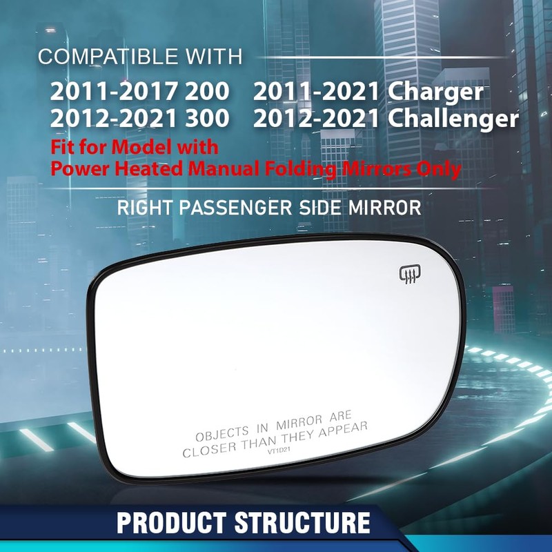 PIT66 Mirror Glass Passenger Side Compatible with Chrysler 200 300