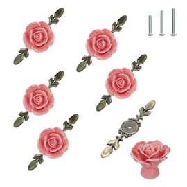 6sets of Rose Ceramic Flower Cabinet Knobs with Bronze Backplate, Ymaiss Love Theme Retro Style, Vintage Kitchen Flower Drawer Pull Handles for Dresser Cupboard Wardrobe Cabinet Kitchen Decor (Pink)