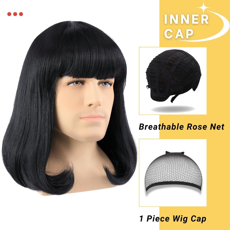 PUREHAIR Men's Short Black Bob Wig with Full Bangs Unisex
