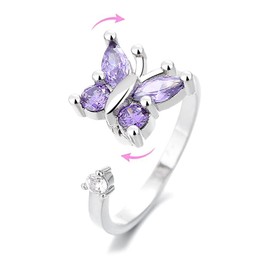 Amethyst Butterfly Fidget Anxiety Rings for Women Sterling Silver Plated CZ Rotate Freely Spinner Stress Relief Open Stacking Finger Ring Eternity Promise Fashion Cubic Zirconia Jewelry Gift Birthday
