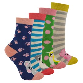 Miss Sparrow - 4 Pack Girls Bamboo Socks | Kids Novelty Animal Pattern Socks in a Gift Box (4-6 Years, Assorted)