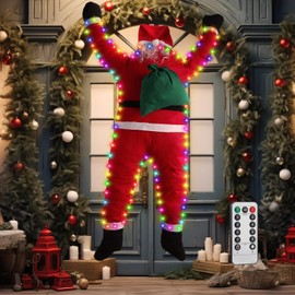 Poen Outdoor Santa Claus Hanging on Roof Large Christmas Decoration with Light String Climbing Hanging Santa with Gift Bag Xmas Ornament for Roof Gutter Tree Porch Yard(Colorful)