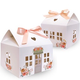 Karentology 20 Pcs Garden Small House Shaped Gift Boxes with Ribbons House Boxes for Treats, Treat Boxes for Dessert, Fancy Cookie Boxes for Gift Giving, White Gable Box, Bakery Boxes