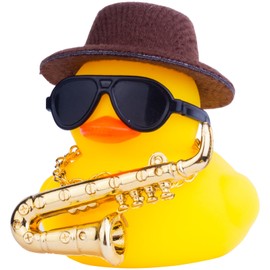 MuMyer Car Rubber Duck, Yellow Duck Car Dashboard Decorations with Mini Top Hat Musical Instrument Sunglasses Necklace(Brown)