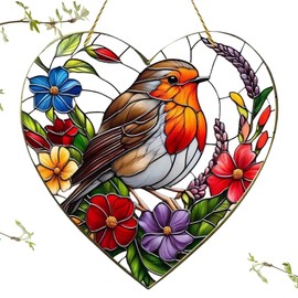 Window Sun Catcher – Large Heart-Shaped Robin Bird – Stained Glass Effect Acrylic Window Hanging – Colorful Bird Ornament for Home Garden Gift Decor (7.8" x 7.8")